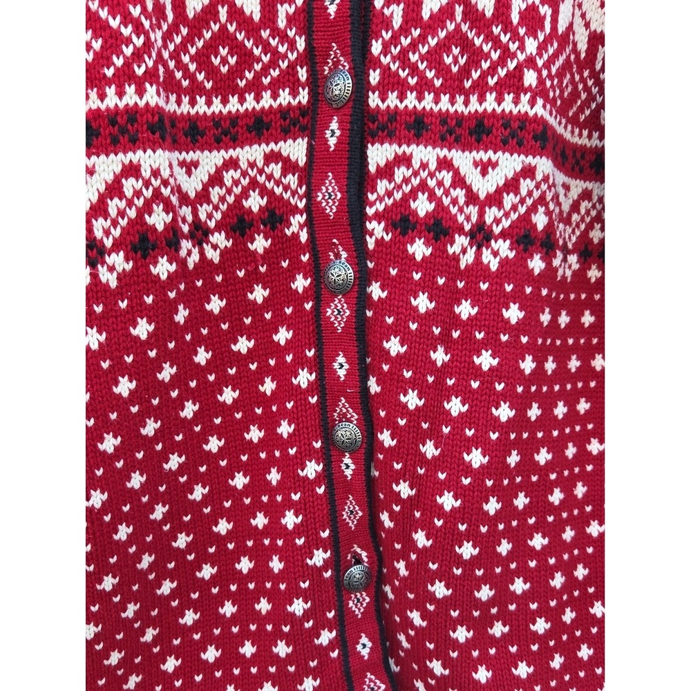 Vintage L.L.Bean Nordic Fair Isle Red Cotton Cardigan Sweater Large Ski Granny - Picture 2 of 6